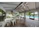 Covered patio area with tables and chairs near the pool at 3843 Goldfinch Ct, Palm Harbor, FL 34685