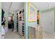 Spacious walk-in closet with custom shelving and green patterned wallpaper at 50 Coe Rd # 331, Belleair, FL 33756