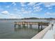 Wooden community dock extending over calm water at 300 Woodette Dr # 203, Dunedin, FL 34698