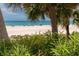 Picturesque beach view through lush greenery, showcasing the serene ocean at 1380 Gulf Blvd # 1008, Clearwater Beach, FL 33767
