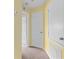 Light-yellow hallway with carpet, white doors, and a storage area at 2619 Redford Way, Wesley Chapel, FL 33544