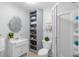 Clean bathroom with a walk-in shower and built-in shelving at 5523 Carlton Rd, New Port Richey, FL 34652