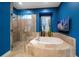Luxury bathroom with a large walk-in shower, a soaking tub, and a flat-screen TV at 667 Richmond Close, Tarpon Springs, FL 34688