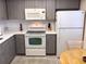 Updated kitchen featuring gray cabinets and white appliances at 1375 Doolittle Ln # 201, Dunedin, FL 34698