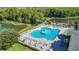 Aerial view of the community's unique shaped pool, surrounded by lounge chairs and palm trees at 11247 Corey Pavin Ln, San Antonio, FL 33576