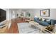 Stylishly furnished living room with blue couch, unique rug, dining area, and modern decor at 1200 N Shore Ne Dr # 301, St Petersburg, FL 33701