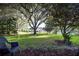 Backyard with lush lawn, mature trees, and glimpse of community amenities at 2585 Bay Berry Dr # 43D, Clearwater, FL 33763