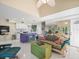 Open concept living room and kitchen with purple island and white cabinets at 20051 Gulf Blvd, Indian Shores, FL 33785
