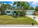 Ranch-style home with a teal exterior, large yard, and palm trees at 1549 Linwood Dr, Clearwater, FL 33755