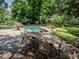 Inviting pool area with patio furniture, lush landscaping, and a tranquil atmosphere at 2901 Leprechaun Ln, Palm Harbor, FL 34683