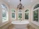 Elegant bathroom featuring a freestanding tub and arched windows at 2901 Leprechaun Ln, Palm Harbor, FL 34683