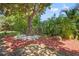 Landscaped backyard featuring a large tree and brick patio area at 2036 Forest Dr, Clearwater, FL 33763