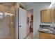 Bathroom featuring a walk in shower, vanity with storage and a glimpse of a closet at 7809 Alafia Dr, Riverview, FL 33578