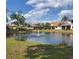 Beautiful view of a pond with fountain and several houses with solar panels in the background at 6816 Dali Ave # 101, Land O Lakes, FL 34637