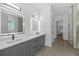 Double vanity bathroom with gray cabinets and a large mirror at 19581 Sheltered Hill Dr, Brooksville, FL 34601