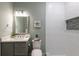 Modern bathroom with white wave tile, gray vanity, and a shower at 83 Palm Blvd, Dunedin, FL 34698