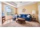 Sitting room with a blue couch, large window, and hardwood floors at 22531 Eagles Watch Dr, Land O Lakes, FL 34639