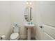 Small bathroom with pedestal sink, toilet, mirror, and lighting at 17860 Althea Blue Pl, Lutz, FL 33558