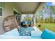 Inviting covered patio with stylish wicker furniture, blue cushions, and a view of the lush backyard at 32924 Estate Garden Dr, Wesley Chapel, FL 33545