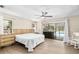 Bedroom featuring hardwood floors and a screened-in patio with a hot tub and pool view at 4301 Hudson Ln, Tampa, FL 33618