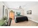 Cozy bedroom with wood floors, a ceiling fan, a black bedspread and natural light at 4301 Hudson Ln, Tampa, FL 33618