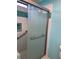 Bathroom shower with glass doors, grab bars and white and blue tiling at 3124 Pond Hollow St # 183, Wesley Chapel, FL 33543