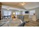 Bright living room featuring modern furniture, a stone fireplace, and views of the water at 6629 Harbor Dr, Hudson, FL 34667