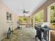 Large covered patio with exercise equipment and grill at 11193 Baltimore St, Weeki Wachee, FL 34614