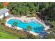 Aerial view of a community pool surrounded by palm trees, lounge chairs, and shade at 3893 Burdick Loop, Odessa, FL 33556