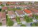 Aerial view of a neighborhood showcasing well-maintained homes, beautiful landscaping, and coordinated terra cotta rooftops at 3893 Burdick Loop, Odessa, FL 33556