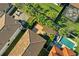 Overhead view of properties featuring landscaped backyards, pools, patios, and mature trees at 3893 Burdick Loop, Odessa, FL 33556