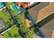 Bird's eye view of properties showcasing backyards with pools, brick patios, and landscaping at 3893 Burdick Loop, Odessa, FL 33556