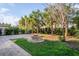 Backyard with brick-paved area, fire pit, palm trees, and manicured lawn at 3893 Burdick Loop, Odessa, FL 33556