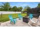 Patio with fire pit and teal chairs next to the pool at 7504 Cypress Knee Dr, Hudson, FL 34667