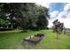 Peaceful backyard with large trees, grassy areas, and raised garden beds at 23337 Lake Lindsey Rd, Brooksville, FL 34601