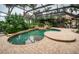Inviting freeform pool and spa with a screened enclosure and brick decking at 9943 Milano Dr, Trinity, FL 34655