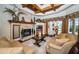 Bright living room with stone fireplace, high ceilings and hardwood floors at 9943 Milano Dr, Trinity, FL 34655