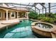 Relaxing pool and spa with covered patio and lush landscaping at 9943 Milano Dr, Trinity, FL 34655