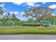 Tennis court with green grass and trees at 11143 Merganser Way, New Port Richey, FL 34654