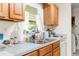 Kitchen features wood cabinets, double sink and window overlooking backyard at 3391 Lambert Ave, Spring Hill, FL 34608