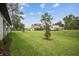 Expansive backyard features lush green grass, mature trees, and views of neighboring homes at 19395 Sheltered Hill Dr, Brooksville, FL 34601