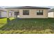 Exterior view of the home's backyard, featuring a covered patio and lush green grass at 11512 Weaver Hollow Rd, New Port Richey, FL 34654