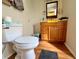 Well-lit bathroom featuring a toilet, vanity with wood cabinets, laminate floors, and a framed mirror at 10521 Mira Vista Dr, Port Richey, FL 34668