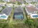 Aerial view of a beautiful home in a neighborhood, featuring a screened-in pool and landscaping at 6120 Marsh Trail Dr, Odessa, FL 33556