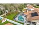 Aerial view showcasing the home's backyard, pool, and neighborhood setting at 6206 Soaring Ave, Temple Terrace, FL 33617