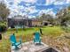 Spacious backyard with two teal chairs and firepit at 11281 Godwit Ave, Weeki Wachee, FL 34613