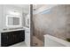Bathroom with walk-in shower, granite vanity, and tile flooring at 13022 Payton St, Odessa, FL 33556