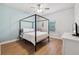 Bedroom with light blue accent wall, a canopy bed, and ceiling fan at 13022 Payton St, Odessa, FL 33556