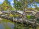 Waterfront property with a wooden dock, picnic table, and shaded seating area at 7195 Bethesda Ct, Weeki Wachee, FL 34607