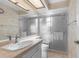 Bathroom with sliding glass shower doors, white vanity, and tile flooring at 6409 Wedgewood Dr, Spring Hill, FL 34606